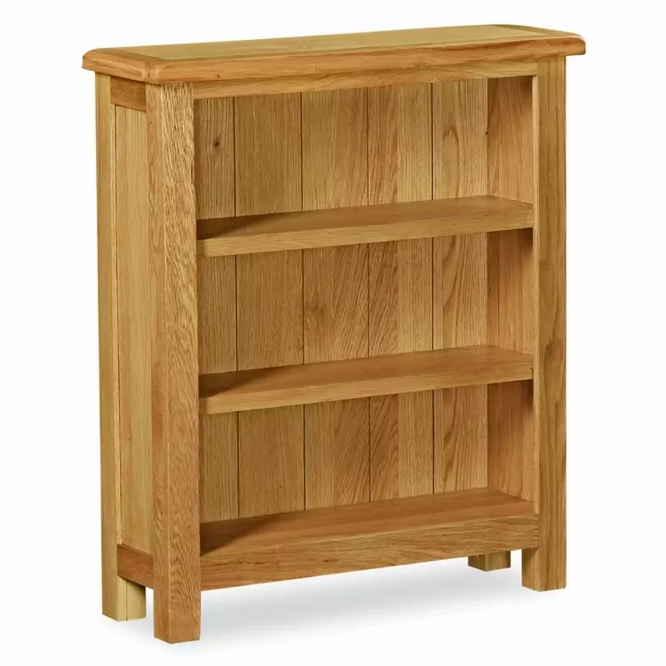 Waxed Oak Finish Low Wide Bookcase, Small 2 Shelf Oak Bookcase