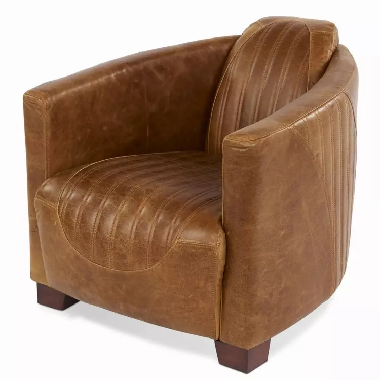 Retro Aviator Style Leather Accent, Leather Tub Chair Brown