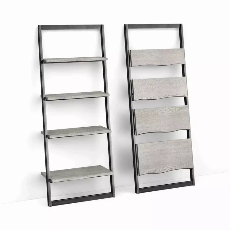 Modern Metal Framed Grey Oak Finish, Metal Ladder Bookcase With Drawer