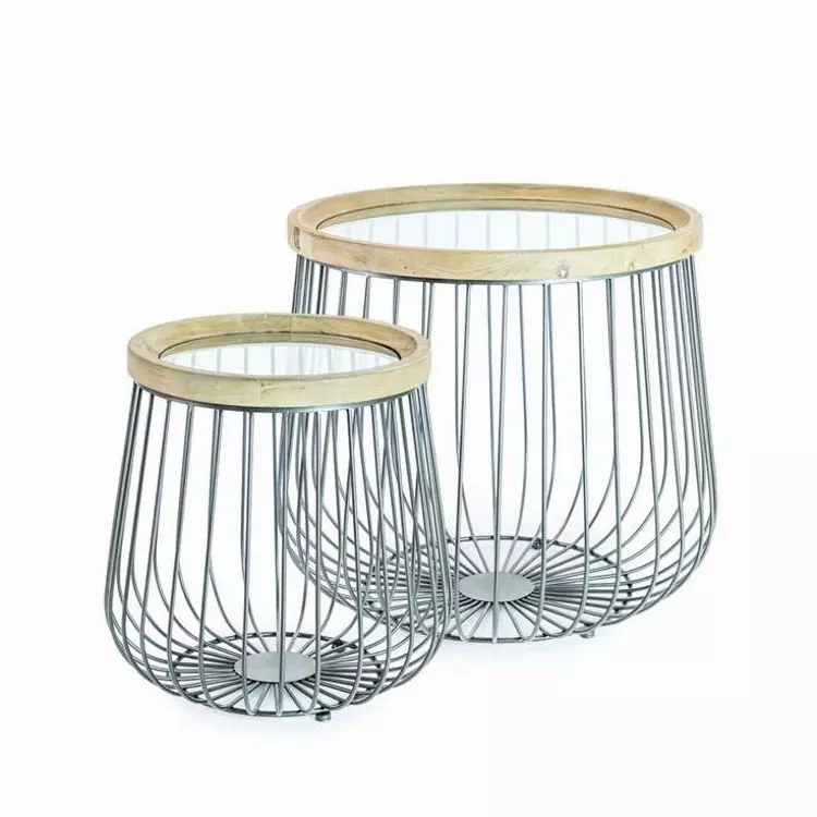 Set Of 2 Iron Wood Glass Side Cage, Small Round Glass Side Tables