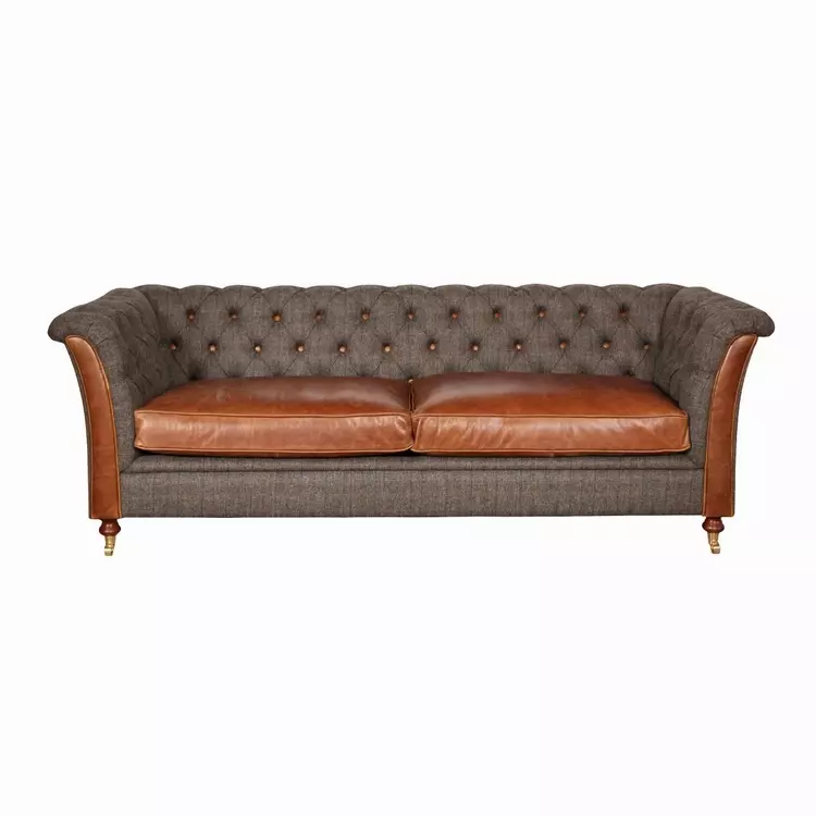 Harris Tweed Fabric Leather Three, Quality Leather Chesterfield Sofa